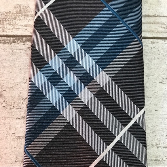 Plaid Men’s Silk Tie Blue Gray Beene - Picture 3 of 7